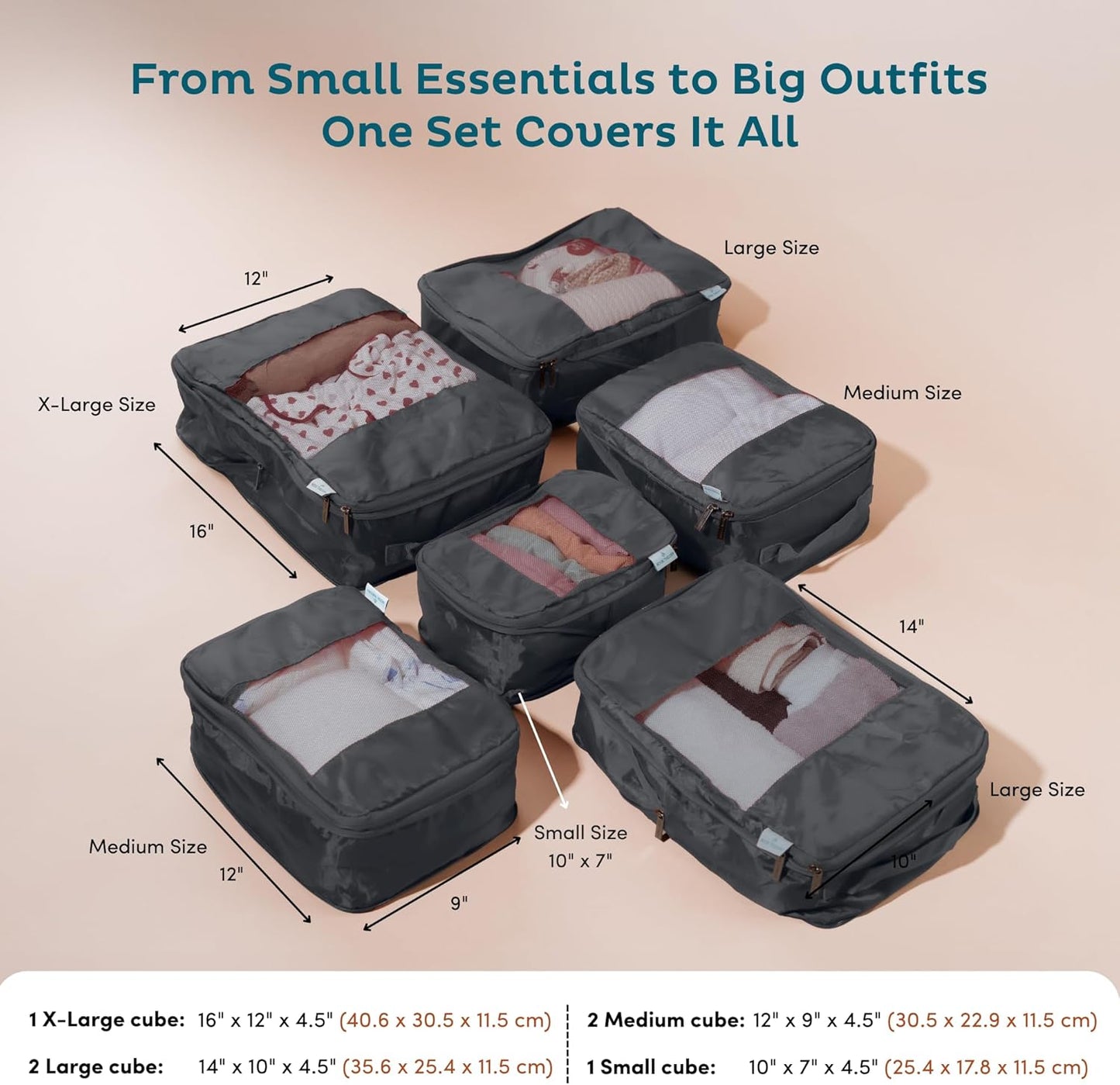 6-Pack Compression Packing Cubes Travel Essentials - Lightweight, Water-Resistant Luggage Organizer Bags with Handles, Durable Travel Accessories Suitcase Organizer (Charcoal)