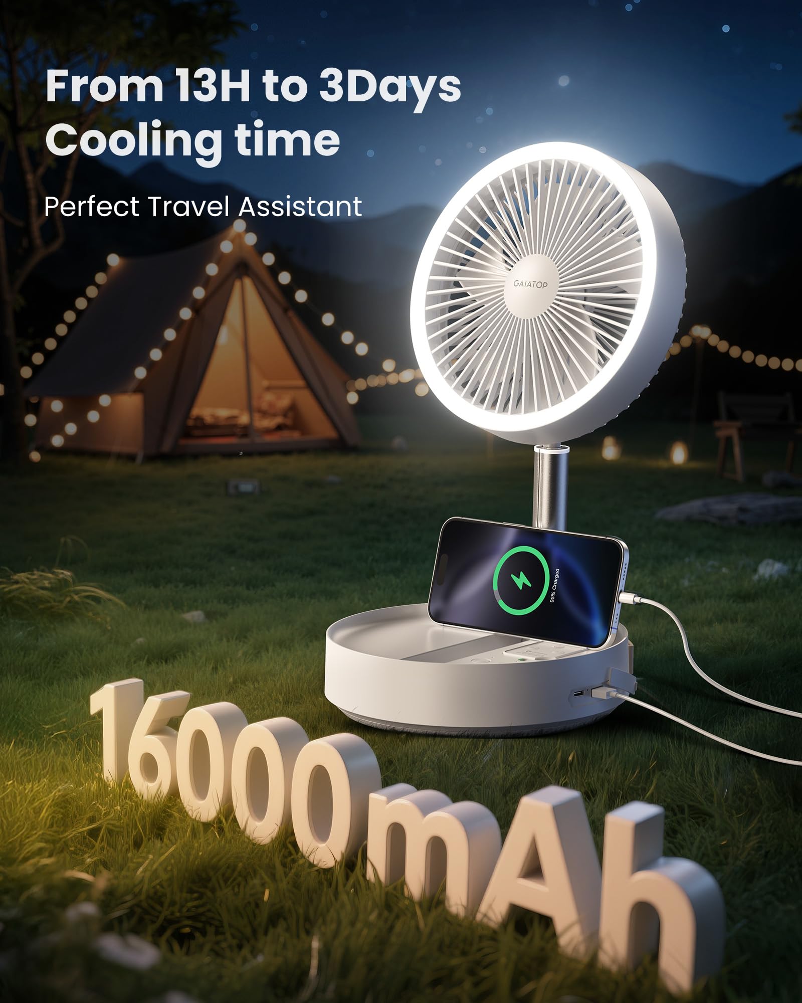 Gaiatop Portable Pedestal Fan 16000mAh Battery [Max 74h Runtime], Foldable Oscillating Standing
