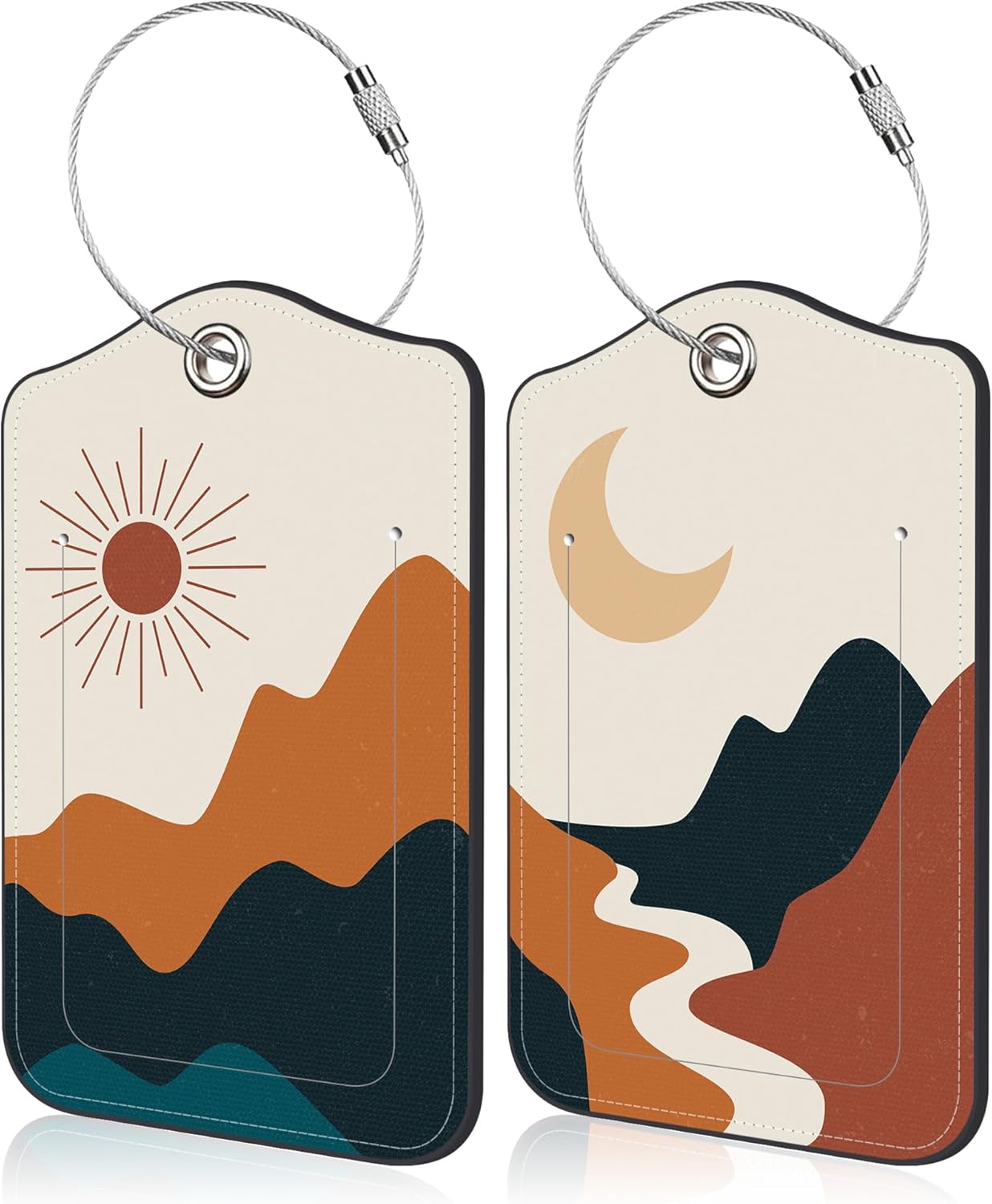 2 PCS Abstract Landscape Luggage Tag for Suitcase Boho Sun Moon Mountains Leather Suitcase Tags with Name Address Card Label Privacy Cover and Stainless Steel Loop for Women Men