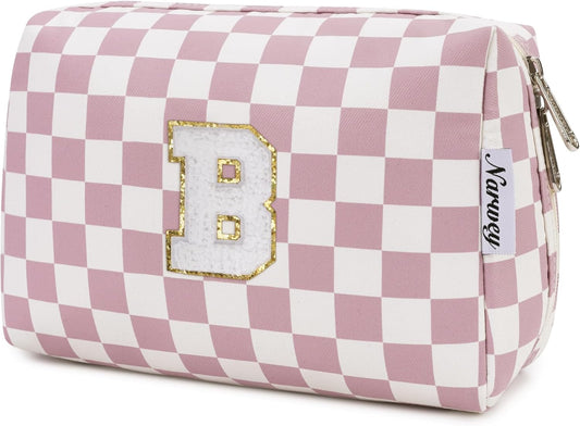 Narwey Birthday Gifts for Teen Girls Kids Women Personalized Initial Checkered Makeup Bag Pink Monogram Cosmetic Bag Trendy Stuff 6 8 10 11 12 13 14 16 18 Years Old Travel Toiletry Bag (Dusty Rose B)