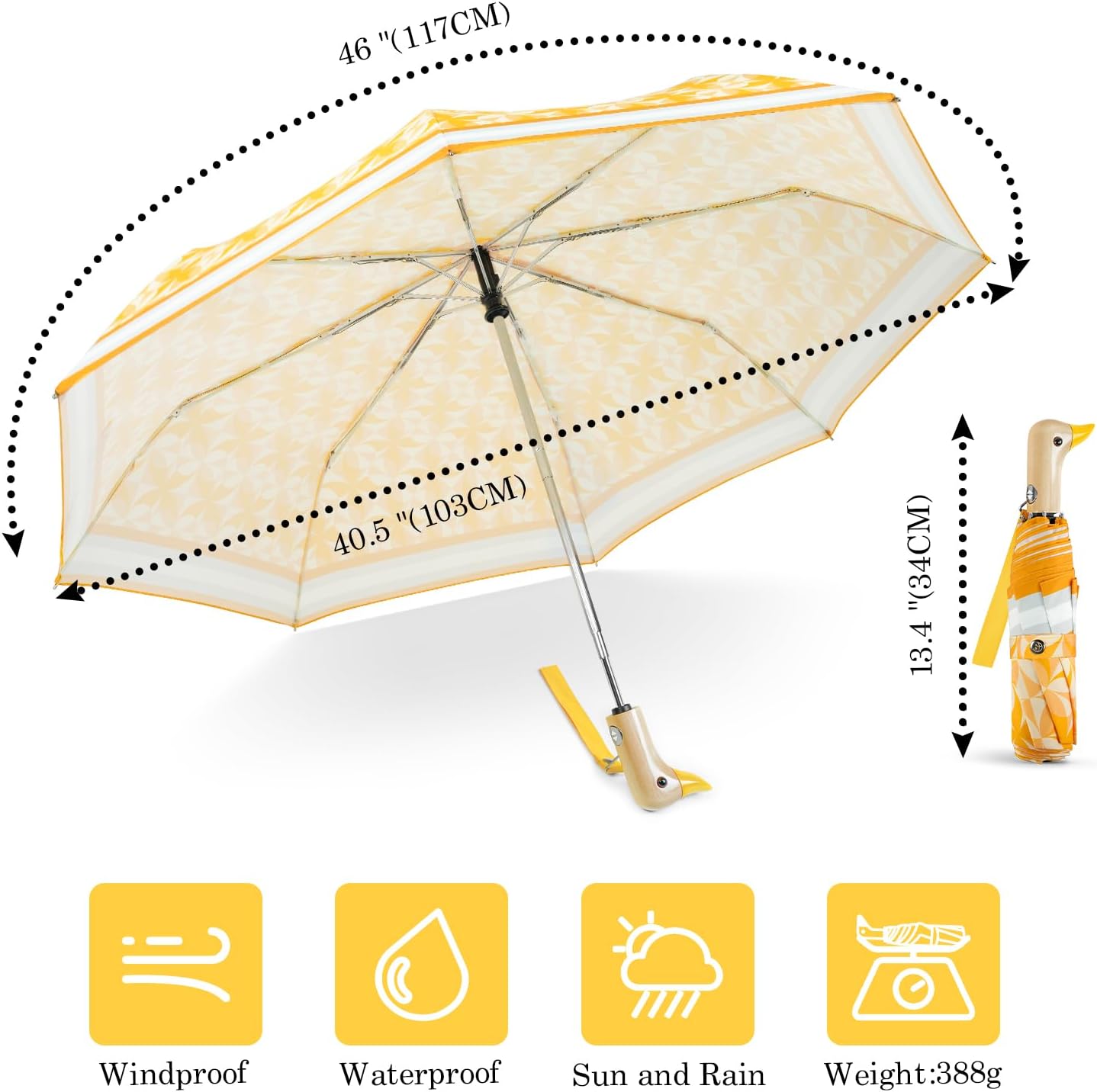 Cute Duck Umbrella Automatic - Compact Pretty Pocket Size Strong Duck Collapsible Umbrella Yellow Wooden Handle for Women