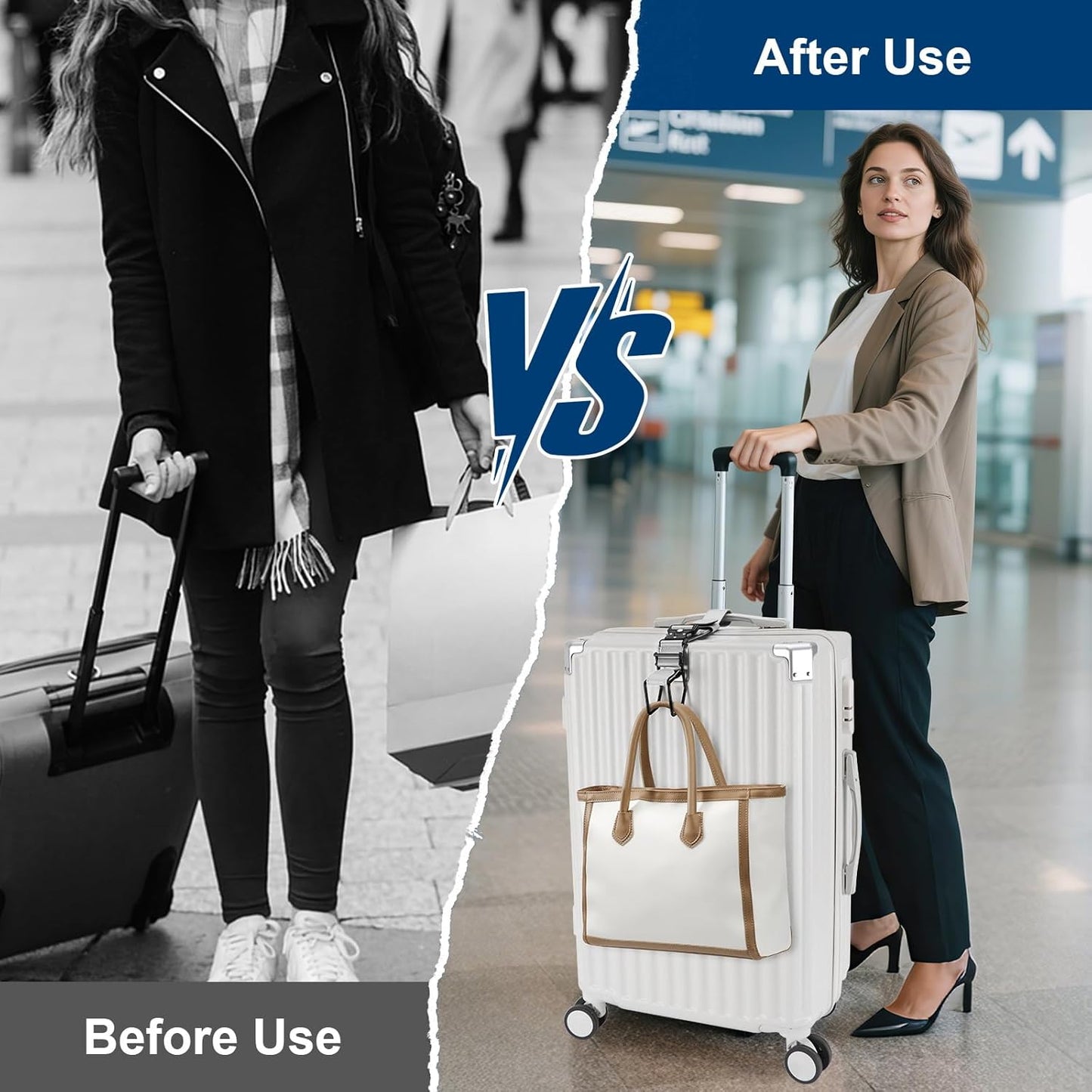 Luggage Hook Strap, J Hook for Luggage Strap Flight Attendant with Hands Free, Adjustable Travel Luggage Straps for Add a Bag Hook