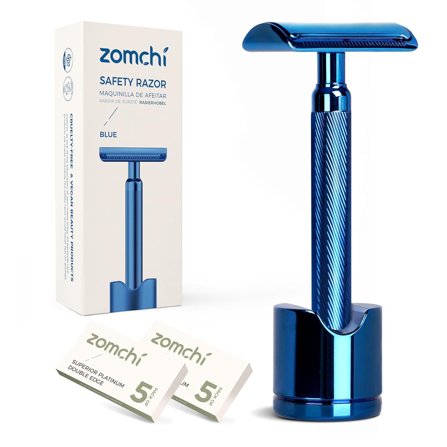 ZOMCHI Double Edge Safety Razor for Men with Stand, [New Version 2.0 ] Reusable Metal Razor with 10 Double Edge Blades, Single Blade Razors for Men & Women – Noble Blue