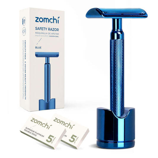 ZOMCHI Double Edge Safety Razor for Men with Stand, [New Version 2.0 ] Reusable Metal Razor with 10 Double Edge Blades, Single Blade Razors for Men & Women – Noble Blue