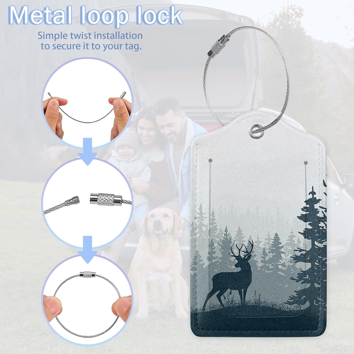 Misty Forest 3 Pack PU Leahter Luggage Tag,Deer Fog Red Sun Leather Suitcase Tags with Privacy Cover Name Address Labels and Metal Ring,Quickly Spot for Bags