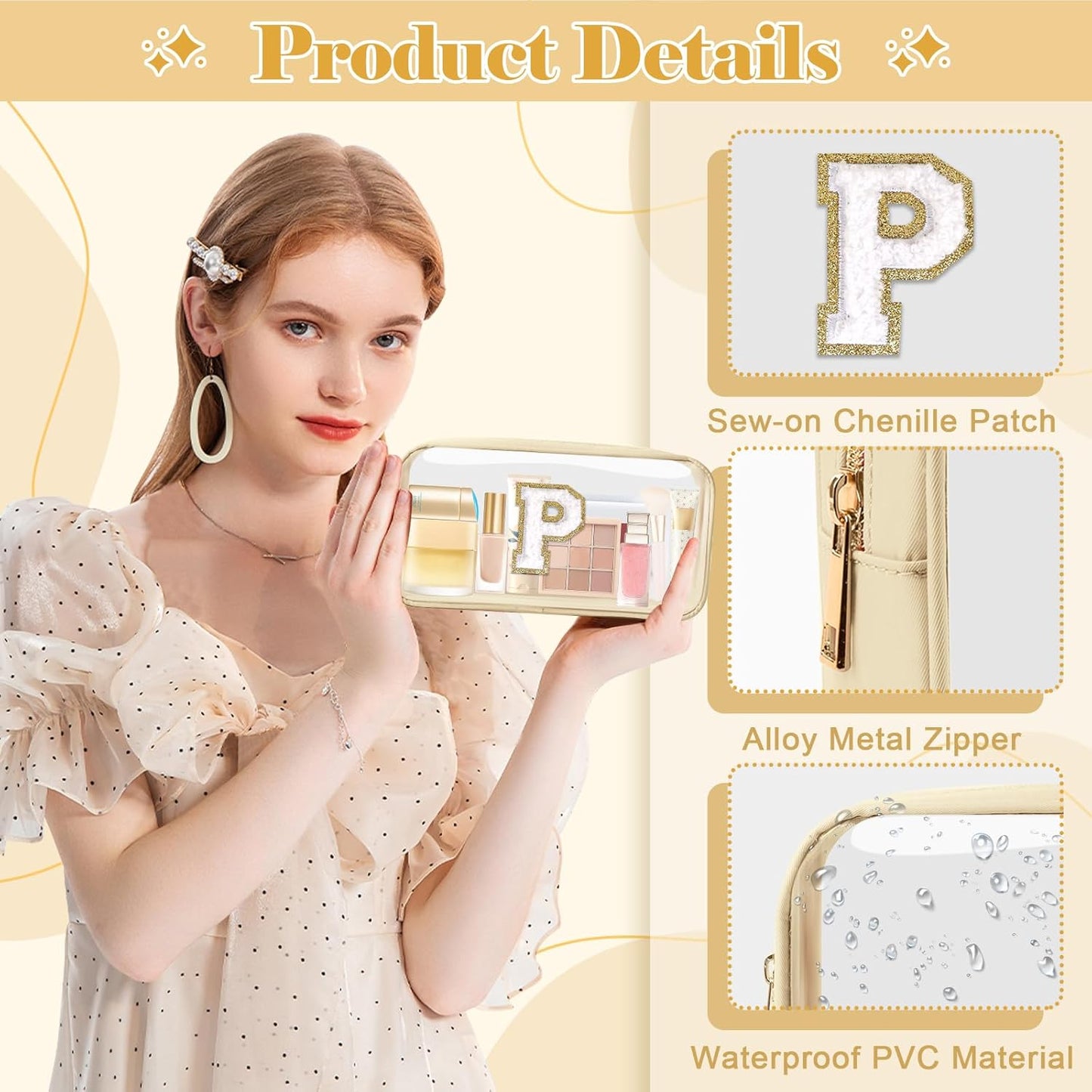 Personalized Initial Letter Clear Makeup Bag,Preppy Small Nylon&PVC Cosmetic Zipper Bag with Chenille Letter,Portable Beach Travel Skincare Toiletry Bag,Trendy Monogram Gift for Teen Girls Women,P