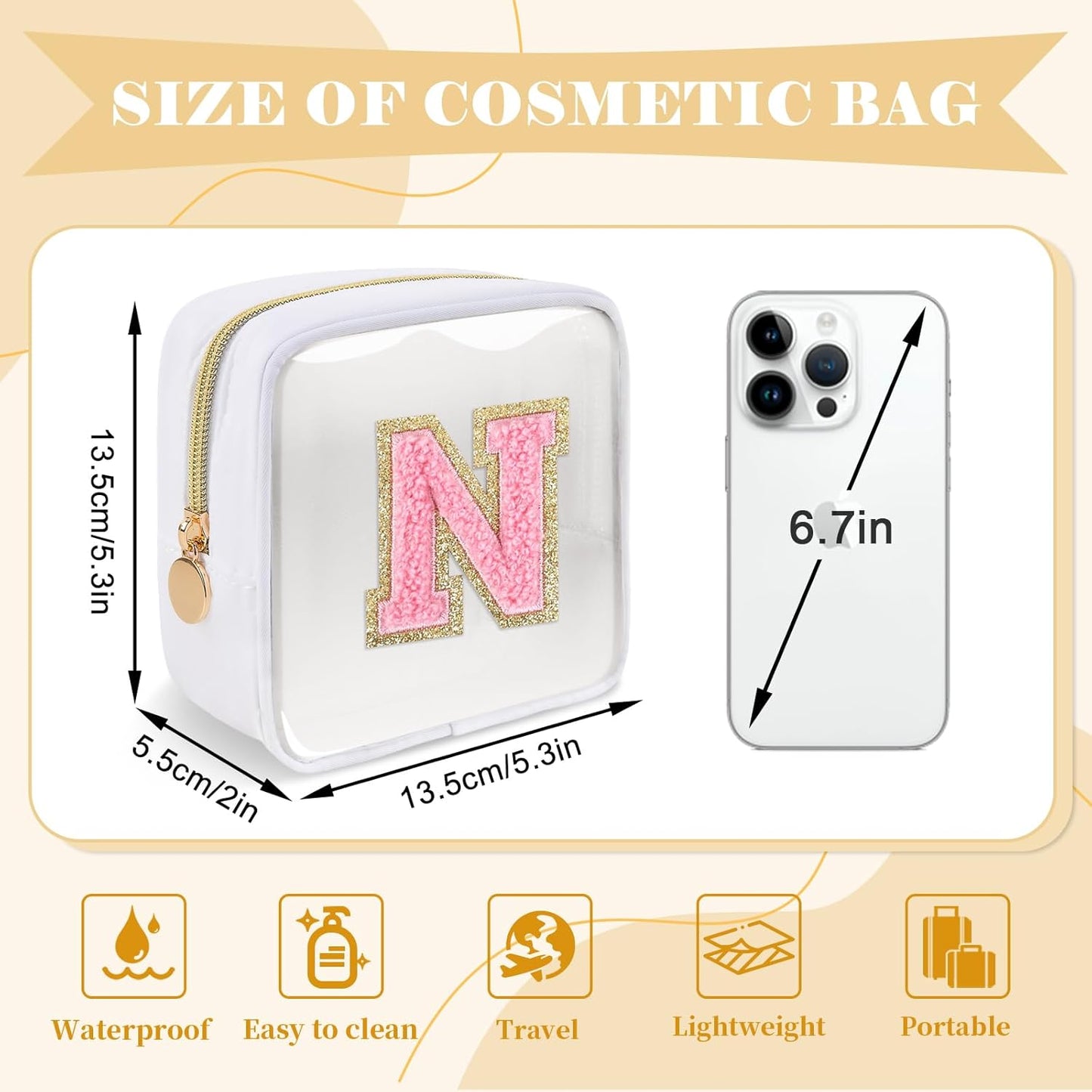 Personalized Initial Letter Clear Preppy Makeup Bag,Mini Nylon Chenille Letter Cosmetic Bag Cute Zipper Pouch Purse for Teen Girls,Portable TSA Approved Beach Travel Essentials Bag Gift for Women,N