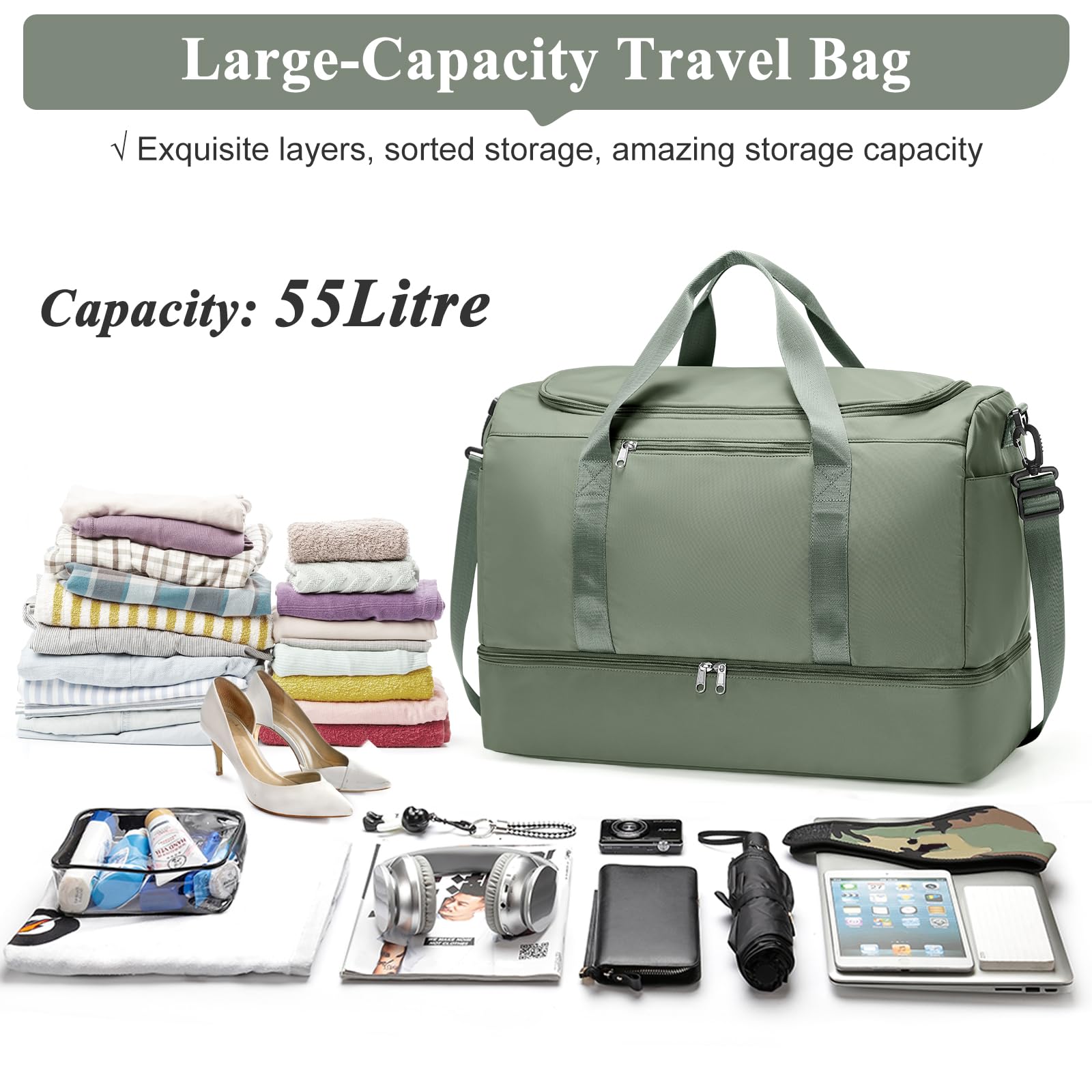 Extra Large Travel Duffle Bag,Carry on Overnight Weekend Bag with Shoes Compartment,Weekender Bags