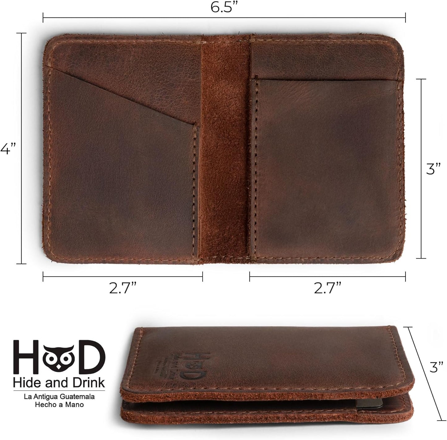 Hide & Drink, Bifold Wallet, Slim Card Holder, Minimalist Traveler Wallet, Vintage Front Pocket Wallet, Full Grain Leather, Handmade, Bourbon Brown