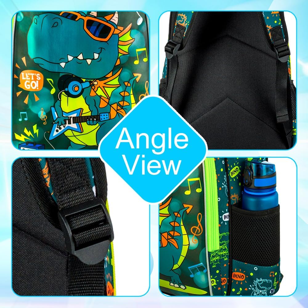 Boys Backpack, 16" Dinosaur Kids Bookbag with Lunch Box, 3Pcs Dino School Backpacks for Elementary