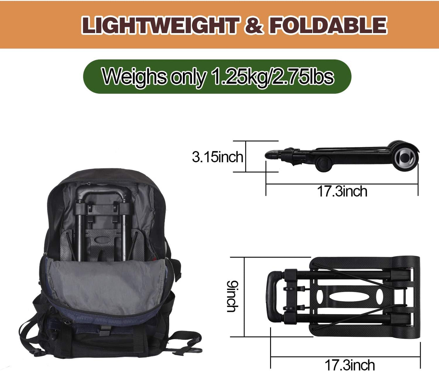 KINJOEK 25kg 55lbs Folding Hand Truck, Solid Construction Utility Cart for Luggage with 2 Oversized Wheels Bonus Bungee Cord, Collapsible, Lightweight and Compact Luggage Dolly Cart for Travel, Black