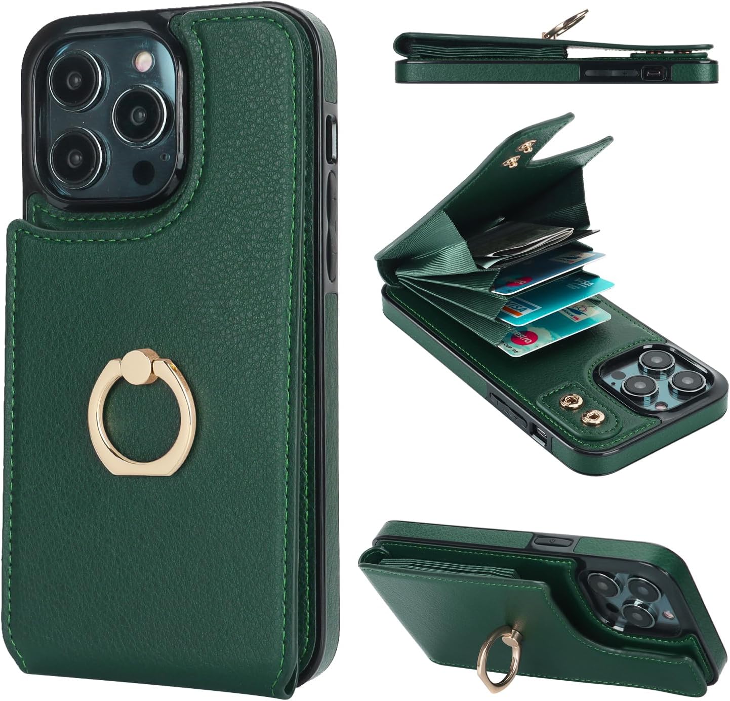 Folosu Compatible with iPhone 14 Pro Max Case Wallet with Card Holder, 360°Rotation Finger Ring Holder Kickstand, RFID Blocking Leather Protective Double Buttons Shockproof Cover 6.7 Inch Dark Green