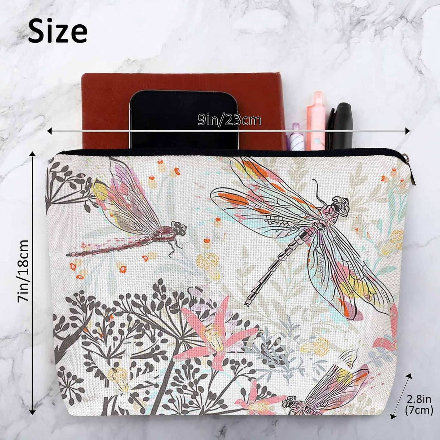 Makeup Bag For Purse Dragonfly, Garden Dragonflies Flowers Nature Cosmetic Bags For Women With Zipper Travel Toiletry Pouch Makeup Bags Makeup Organizers Purse For Toiletries Cosmetics