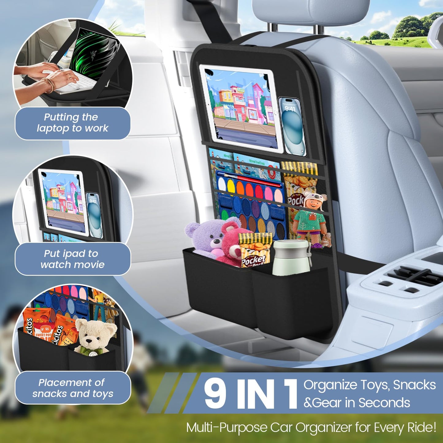 Oneyus Car Backseat Organizer with Tray, Tablet Holder for Kids Road Trip