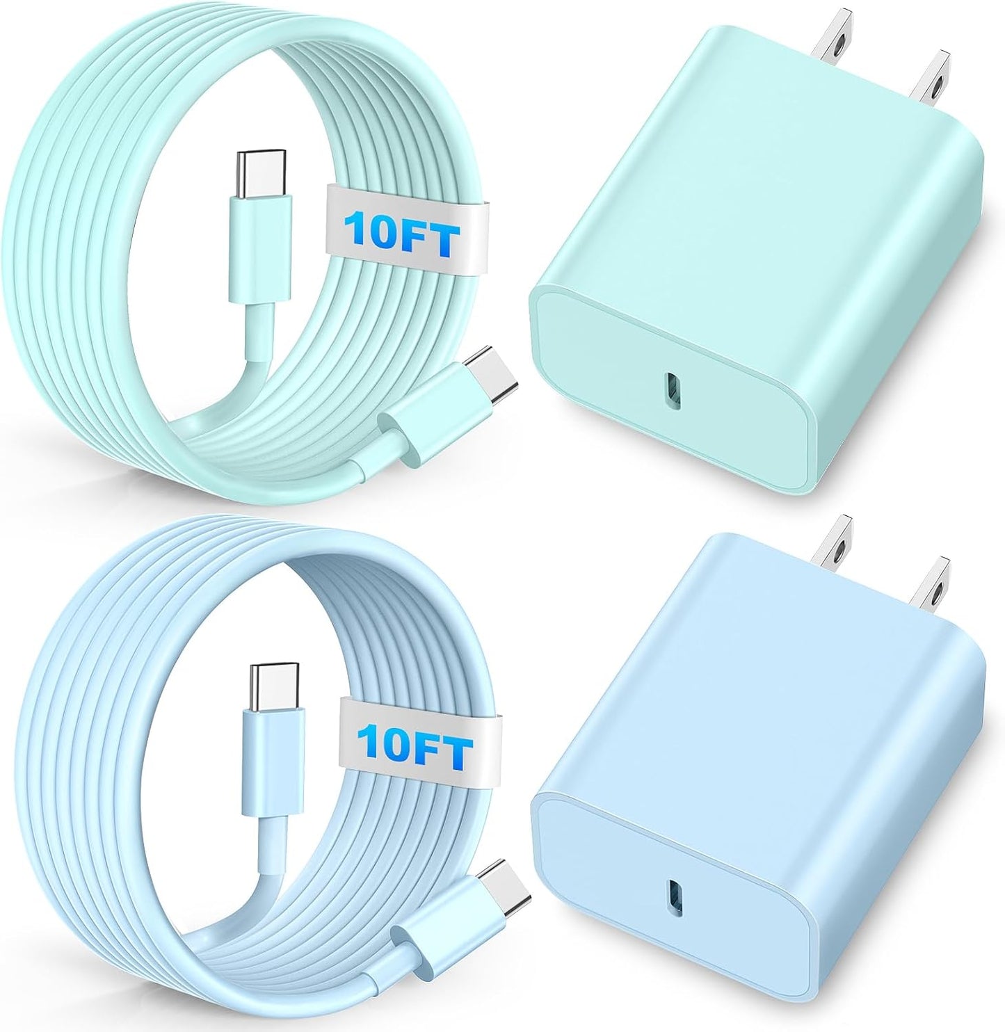 Compatible with i Phone Charger Fast Charging, 2Pack Type C Charger Fast Charging, 60W 10FT USB C Cable, 20W USBC Block, Compatible with i Phone 15 16 17 Pro/Max/Plus - Blue Green