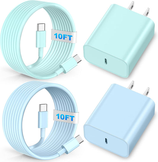 Compatible with i Phone Charger Fast Charging, 2Pack Type C Charger Fast Charging, 60W 10FT USB C Cable, 20W USBC Block, Compatible with i Phone 15 16 17 Pro/Max/Plus - Blue Green