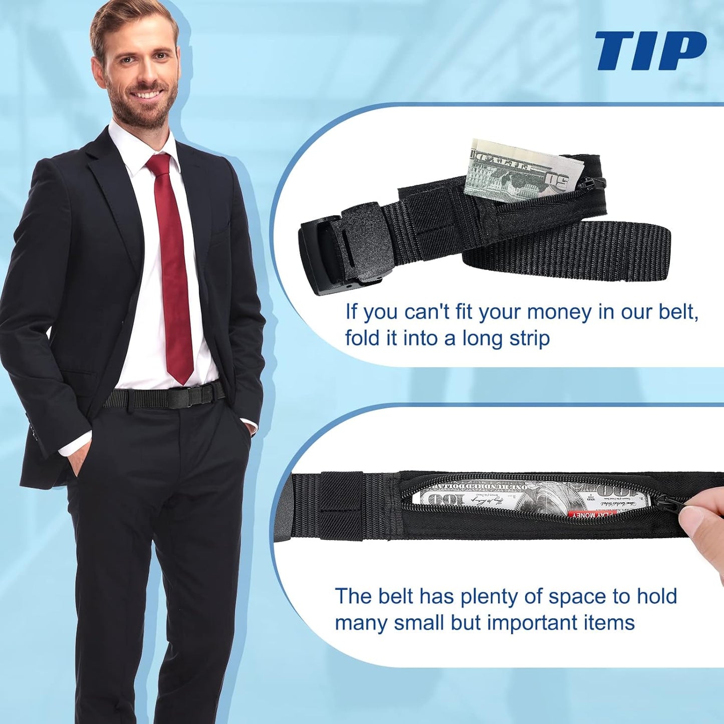 Eurzom 2 Pcs Travel Money Belts for Men Women Hidden Money Pocket Security Belts, Nylon Anti Theft Wallet with Plastic Buckle, Coffee and Black