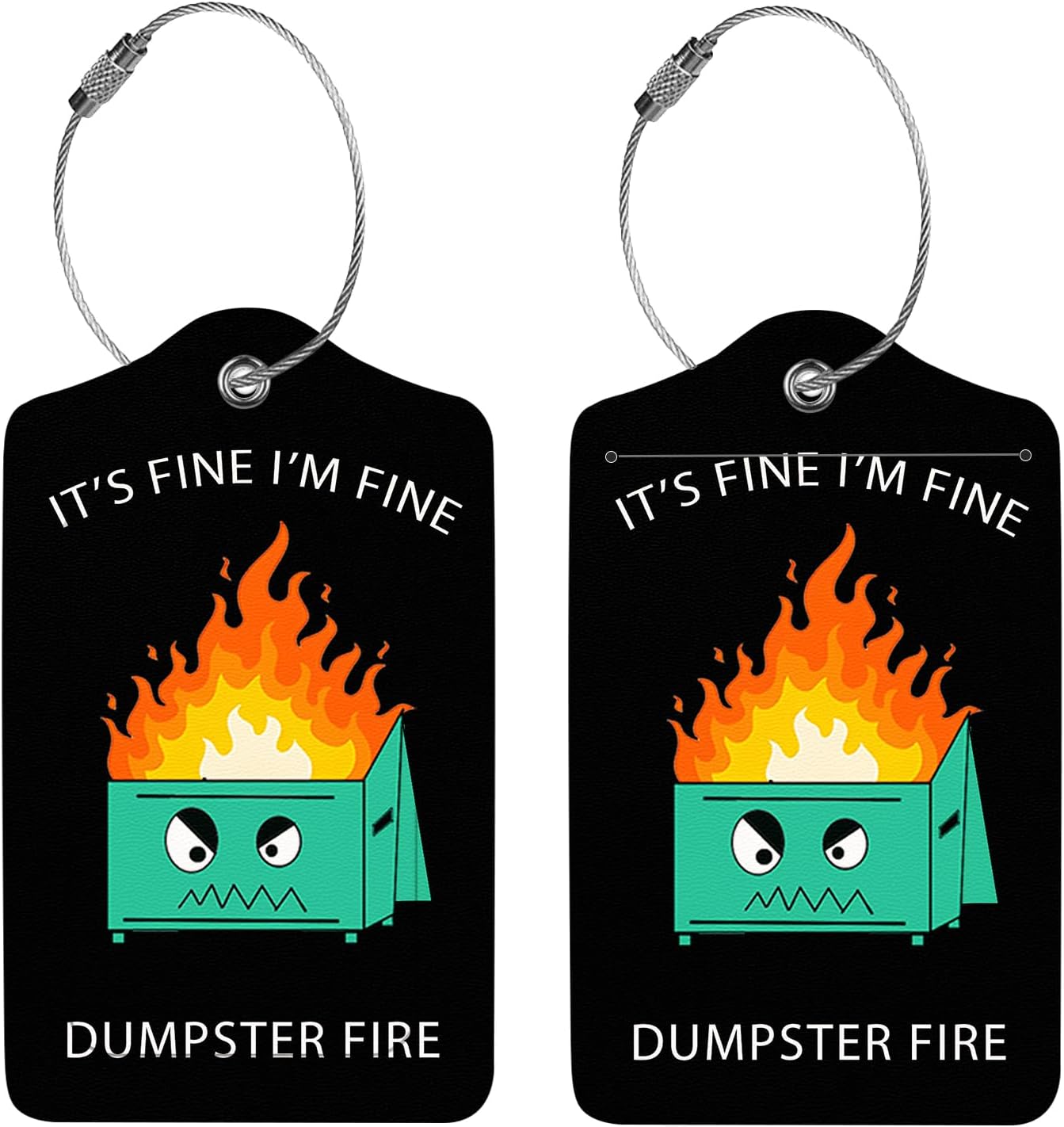 2 Pcs Luggage Tags for Suitcase, Cute Unique PU Leather Travel Bag Tag with Privacy Cover ID Label Address Card and Durable Metal Ring Suitable for Men Women Children Backpack,Dumpster fire