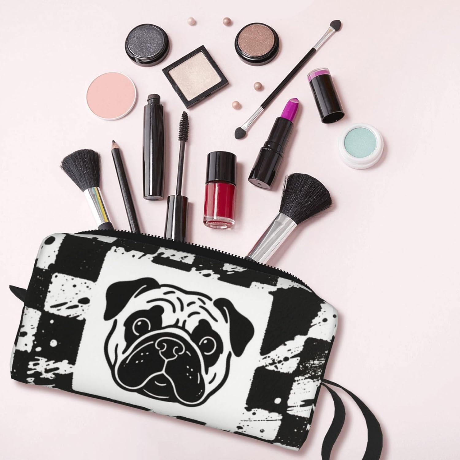 Cute Pug Face Makeup Bag Small Compact & Durable Travel Cosmetic Bag Organizer Oxford Fabric