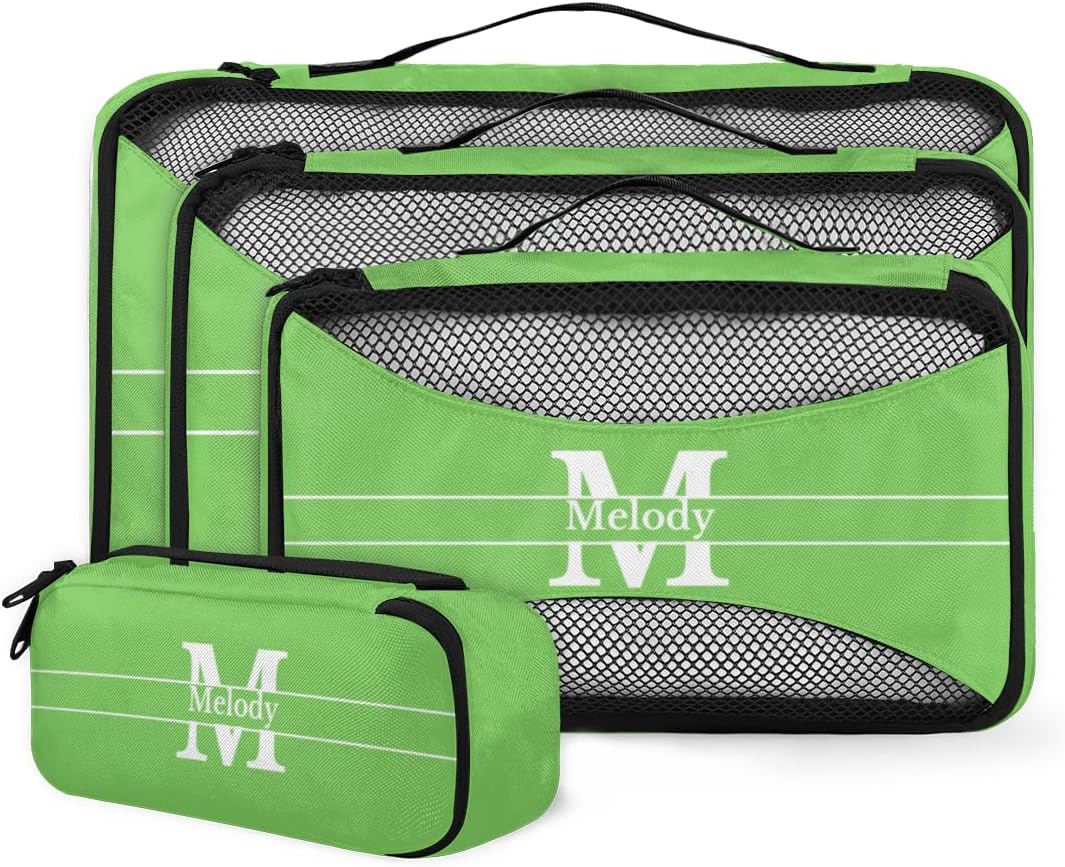 Personalized Packing Cubes, Set of 4 with Zipper Handles for Women Boys, Custom Name Travel Suitcases Luggage Packing Organizers, Lime Green Background with Initial
