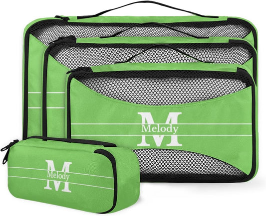 Personalized Packing Cubes, Set of 4 with Zipper Handles for Women Boys, Custom Name Travel Suitcases Luggage Packing Organizers, Lime Green Background with Initial