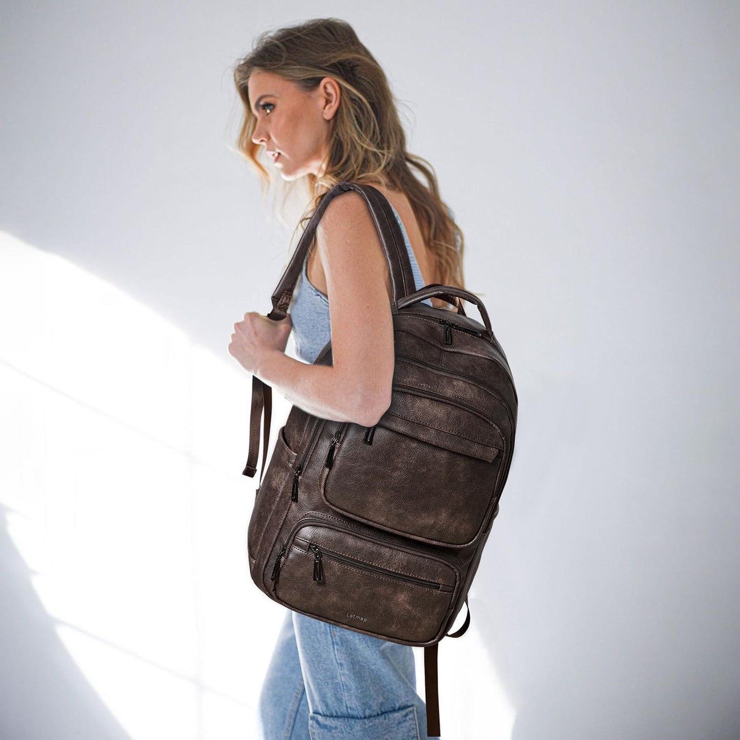 43L Backpack Purse For Women Leather Shoulder Diaper Bookbag Tote 17 16 15.6 Inch Laptop Bag Handbags For Travel Work College Large Coffee Color