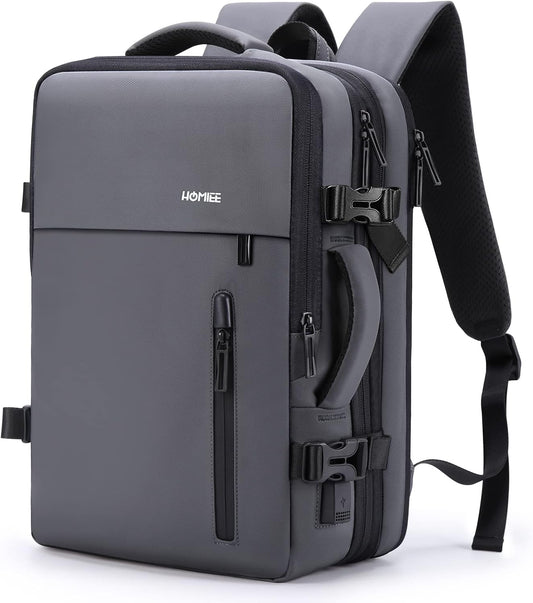 HOMIEE Carry on Backpack Extra Large Travel Bag, Expandable Hand Luggage Suitcase Anti-Theft Business Backpack, Water Resistant Lightweight Weekender Bag, Grey