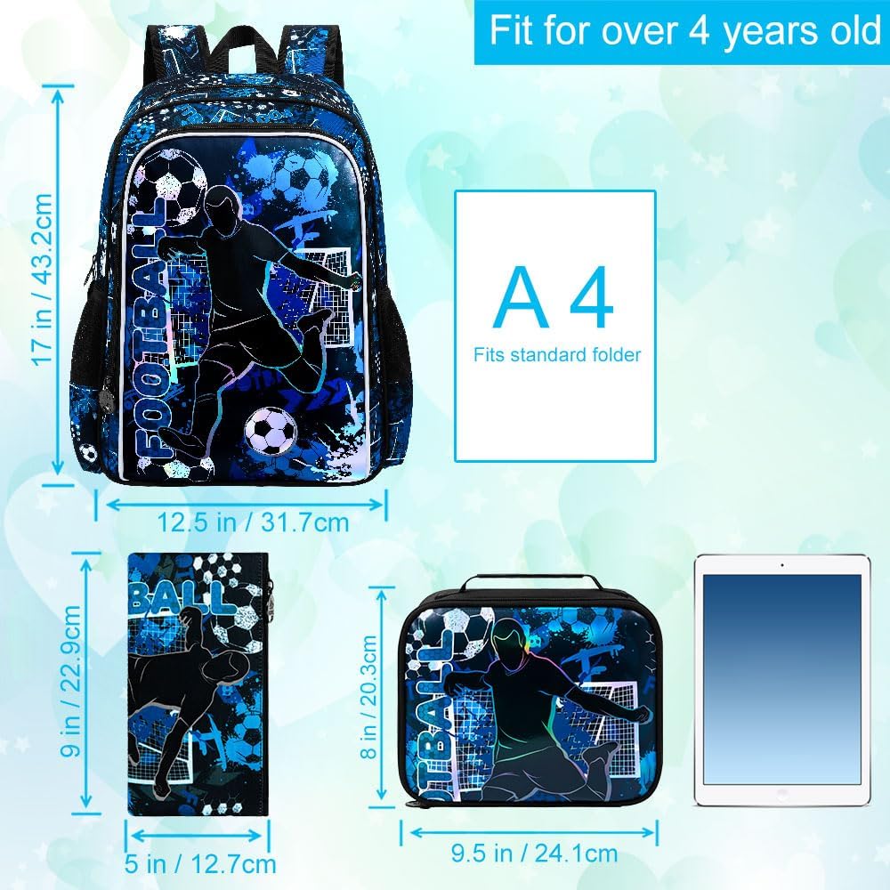gxtvo 3PCS Boys Soccer Backpack, 17" Kids Football Bookbag with Lunch Box, Water Resistant Middle Elementary Preschool School Bag