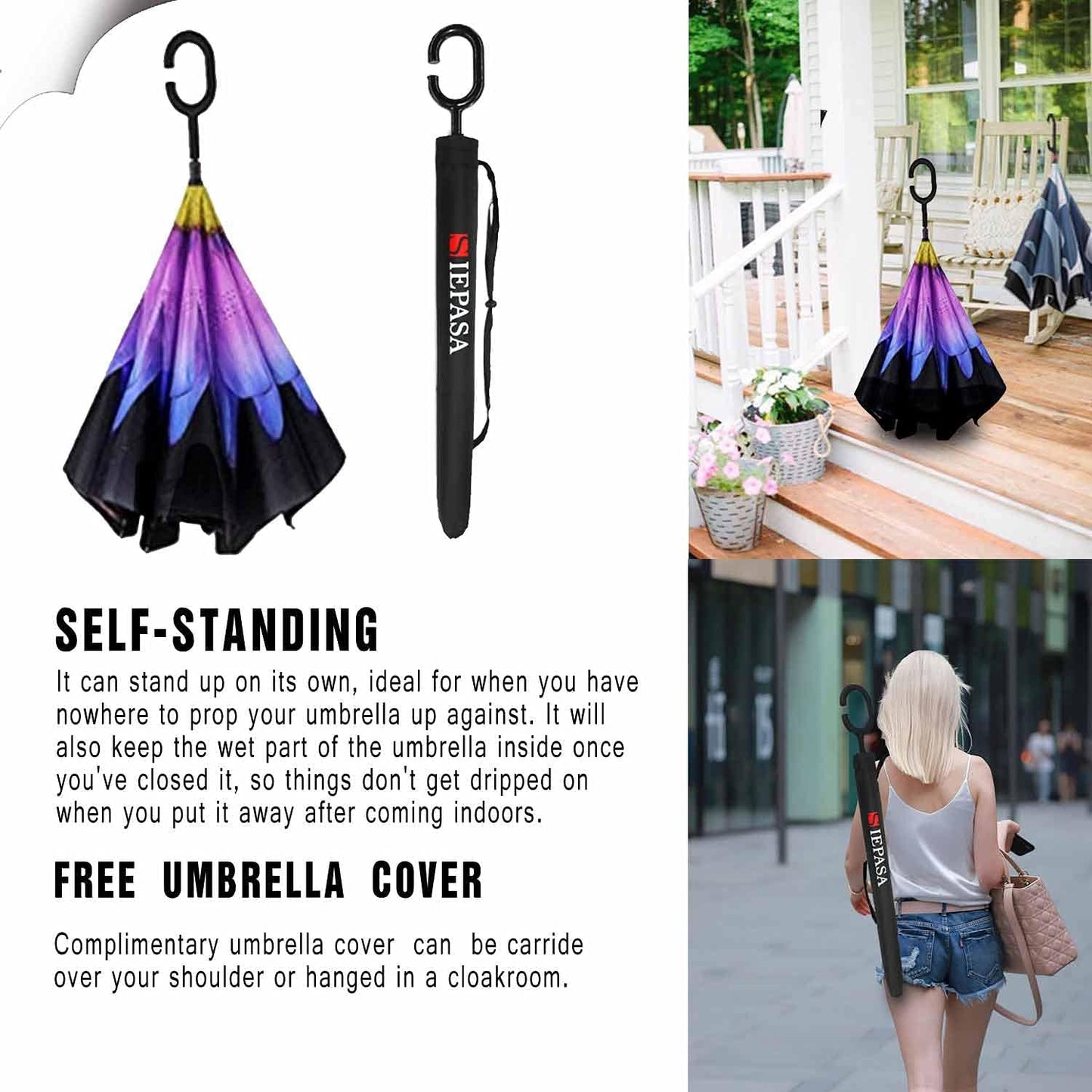 SIEPASA 49/56 Inch Inverted Reverse Upside Down Umbrella, Extra Large Double Canopy Vented Windproof Waterproof Stick Golf Umbrellas with C-shape Handle.