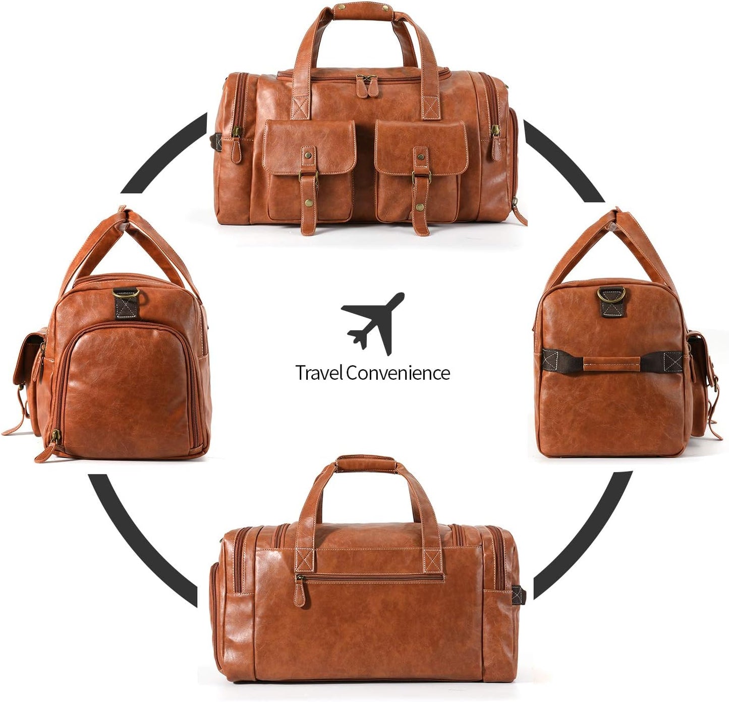Zeroway PU Leather Travel Duffel Bag with Shoe Pouch Large Carry on Bag Waterproof Weekender