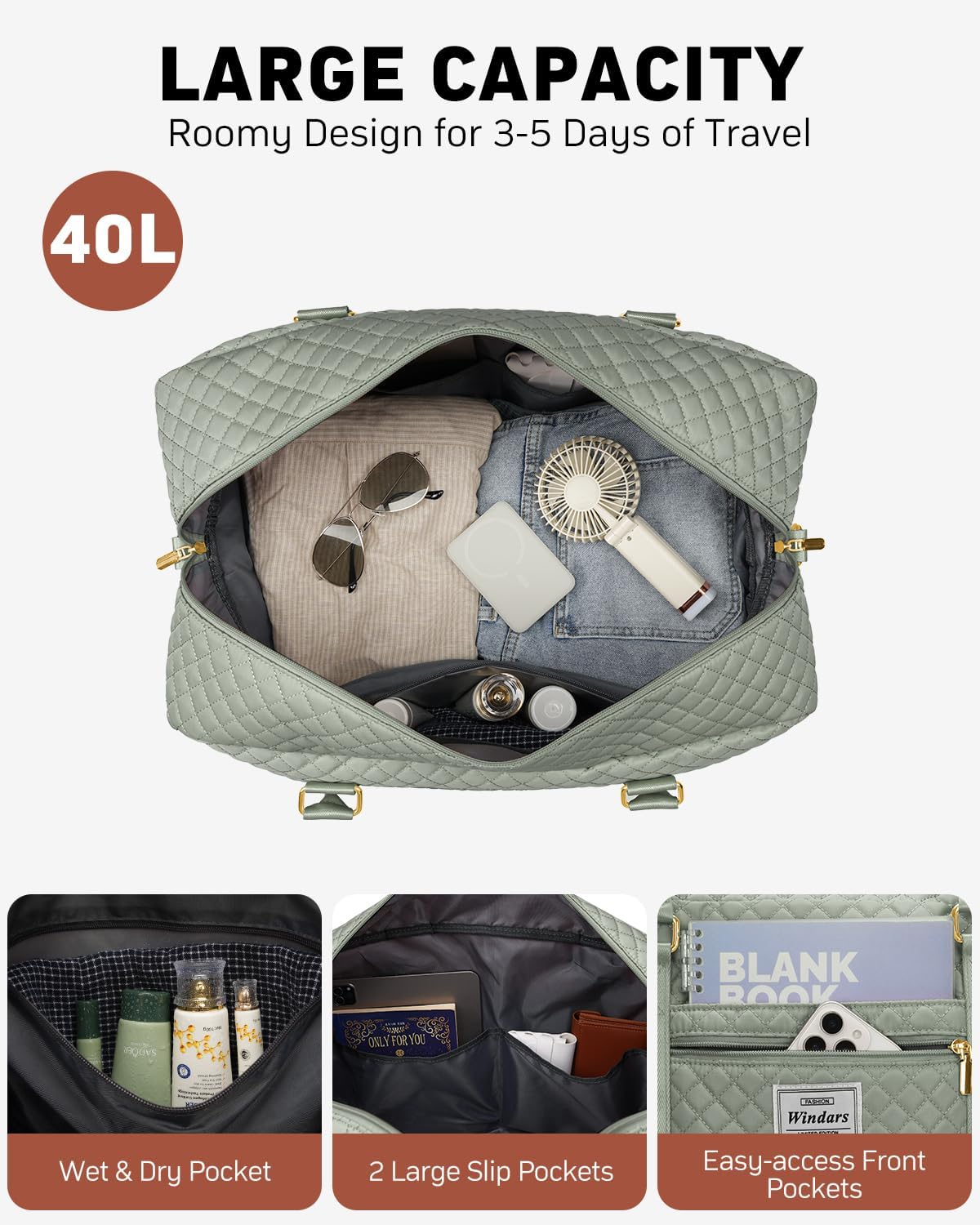 Travel Duffle Bag, Weekender Bags for Women with Shoe Compartment, Carry on Overnight Bag with Toiletry Bag & Wet Pocket, Hospital Bags for Labor and Delivery (Dark Green)
