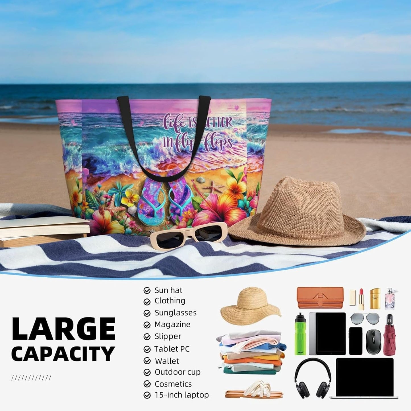 Large Beach Tote Bag Beach Bag Waterproof Sandproof Lightweight Women Tote