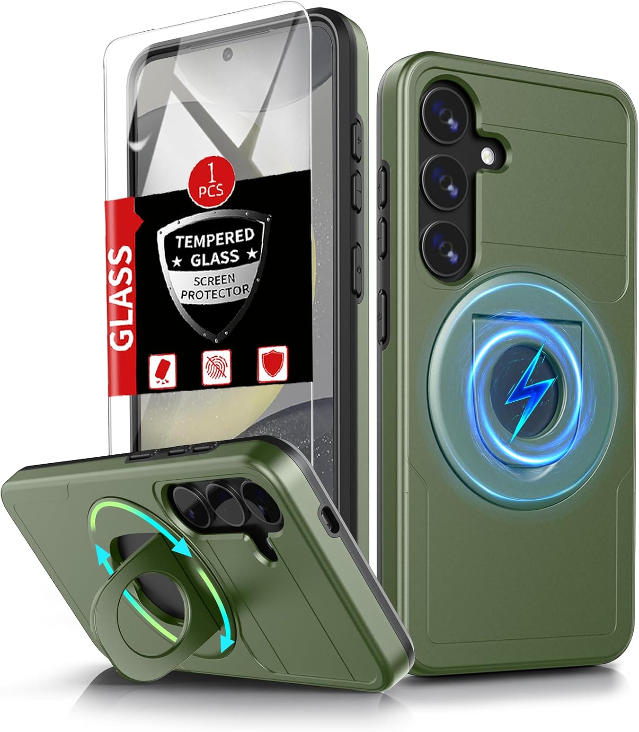for Samsung Galaxy S24 Case Magnetic Compatible with MagSafe Wireless Charging,with Screen Protector,for S24 Phone Case with Kickstand Ring Anti-Scratch Shockproof Heavy Duty Protection Green
