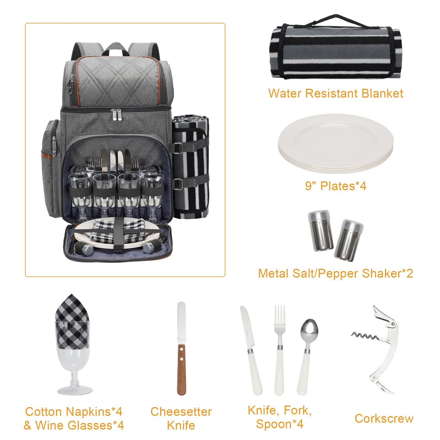 Picnic Backpack for 4, Insulated Cooler Bag with Blanket, Grey