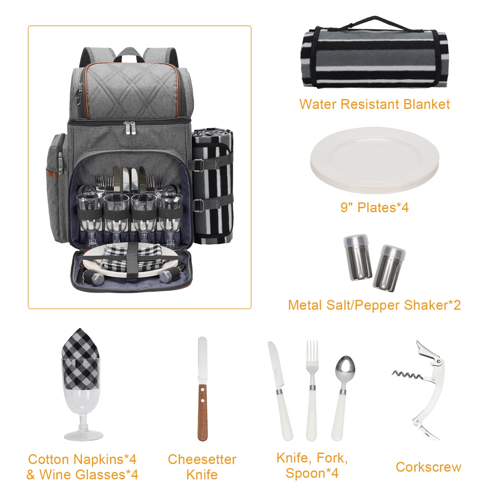 Picnic Backpack for 4, Insulated Cooler Bag with Blanket, Grey