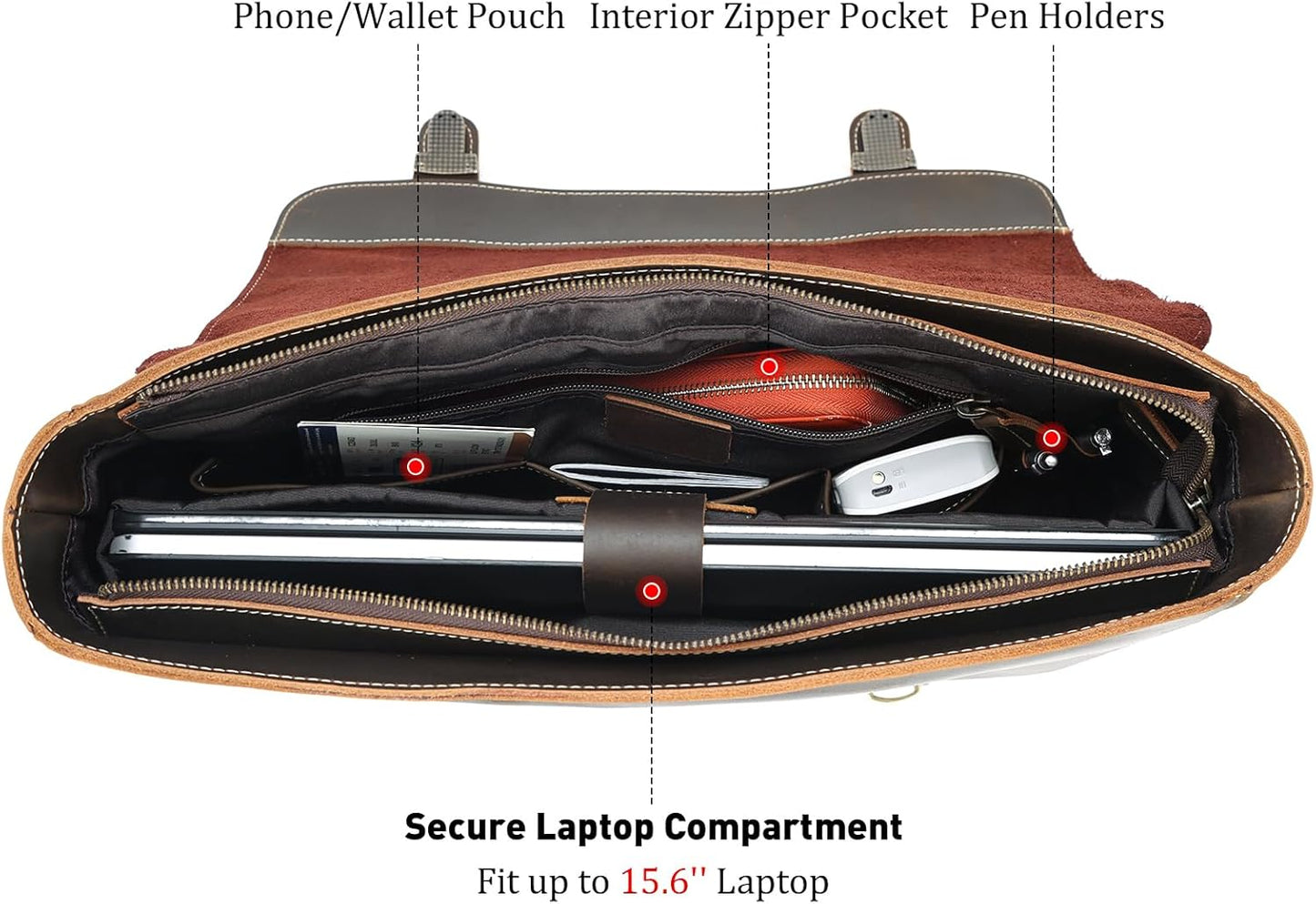 Polare Vintage Full Grain Leather Tote Briefcase Professional 16'' Laptop Shoulder Messenger Bag with YKK Metal Zippers(Dark Brown)