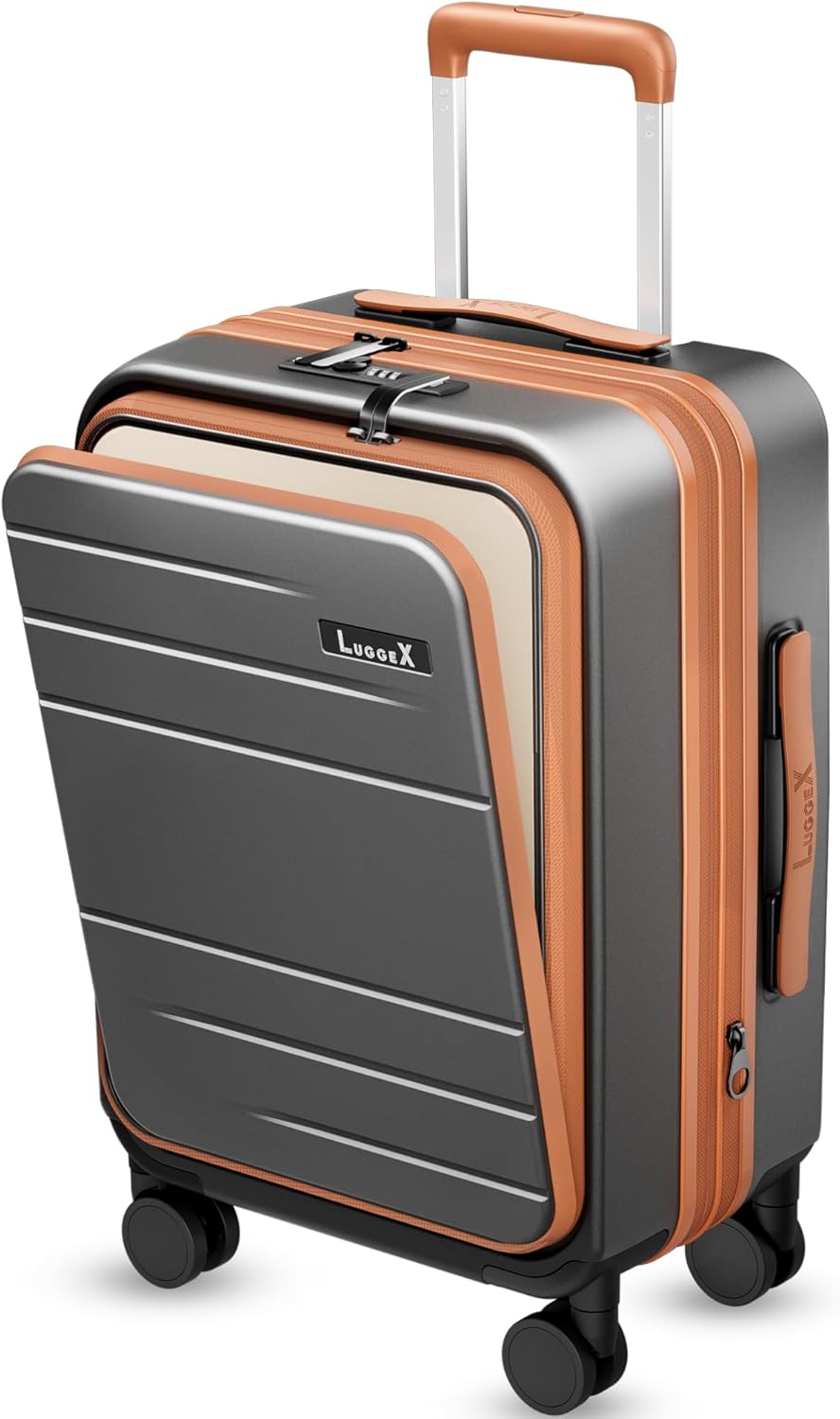 Carry On Luggage 22x14x9 Airline Approved, FLO5 Expandable Polycarbonate Suitcase with Front Pocket (FX-Core, Brown-Black, 20 Inch)