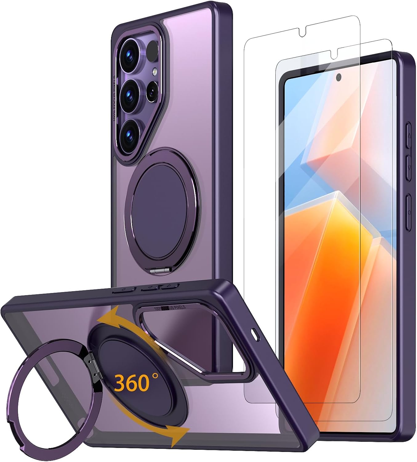 Magnetic Stand Case for Samsung Galaxy S25 Ultra [with 2 Tempered Glass Film] [360° Rotation Magnetic Stand] [Compatible with Magsafe] Military-Grade Drop Protection Case, Purple