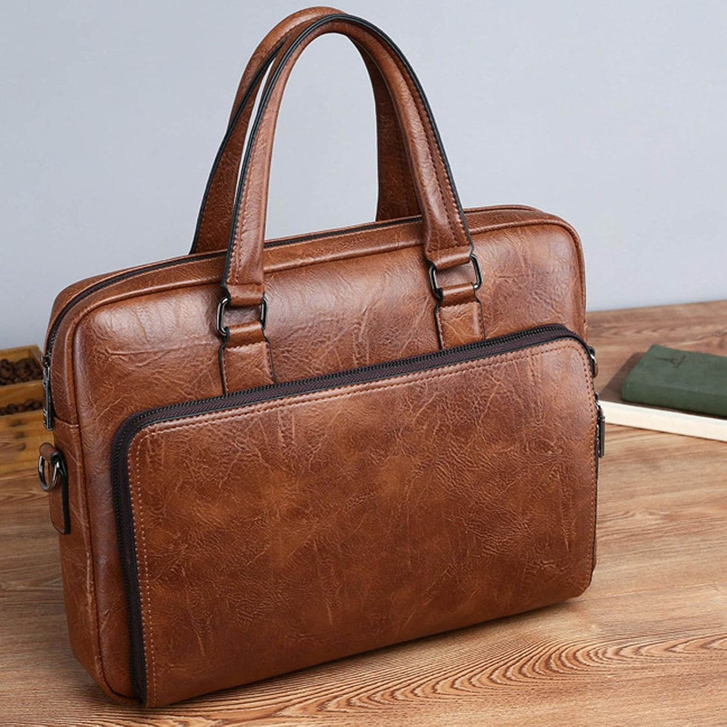 Mens Laptop Bag 16.1 Inch Waterproof Vintage Leather Briefcase Computer Messenger Handbags Shoulder Bag (Khaki)
