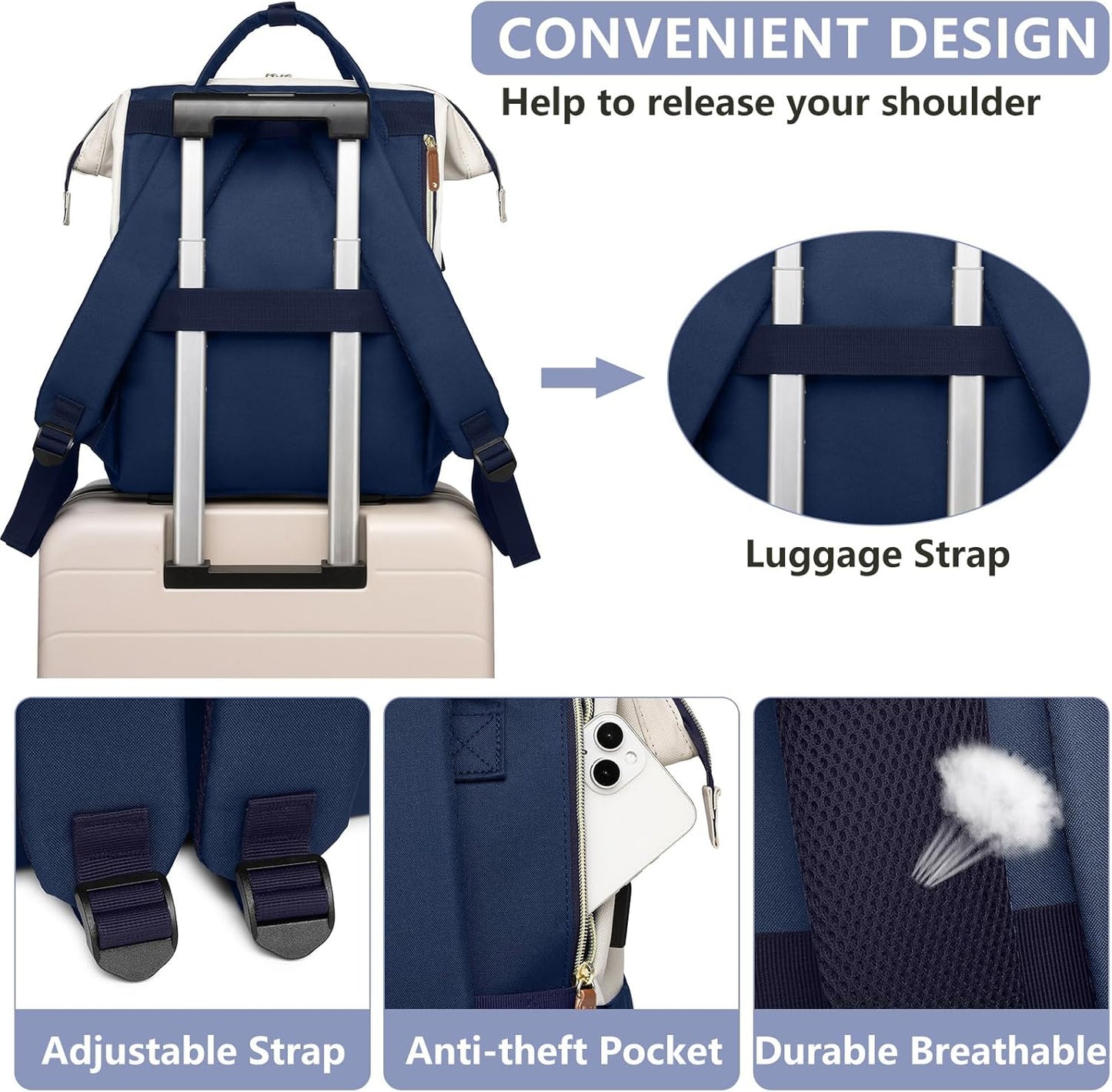 Laptop Backpack for Womem Work Bags: 15.6 Inch Travel BackPacks Durable Back Pack With USB Charging Port Anti Theft Fashion College BookBag Purse Bussiness Daypack for Nurse Teacher Navy Beige