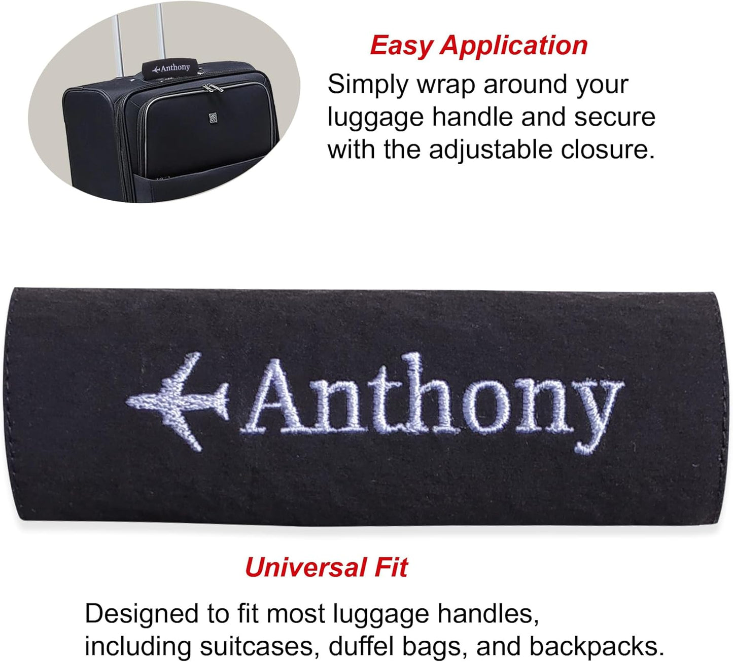 Personalized Luggage Handle Wrap Finder | Custom Embroidered Icon Monograms or Short Text ID Tag | Cover Identifier Marker for Suitcase or Bag | Grips Accessories for Travel by ACORD EU (Black)