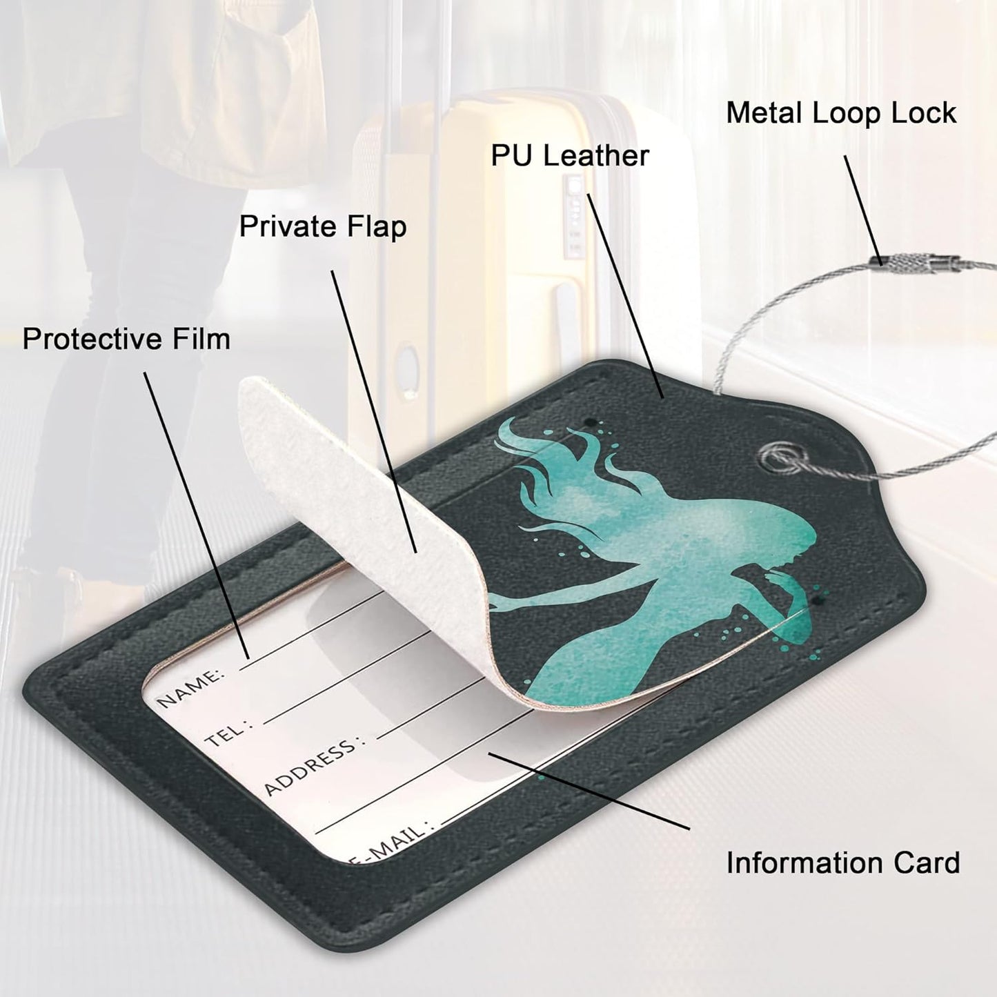 2 Pack PU Leahter Luggage Tag with Stainless Steel Loop,Green Mermaid Luggage Tag Travel Suitcase Labels with Privacy Cover ID Label Quickly Spot for Bags & Baggage