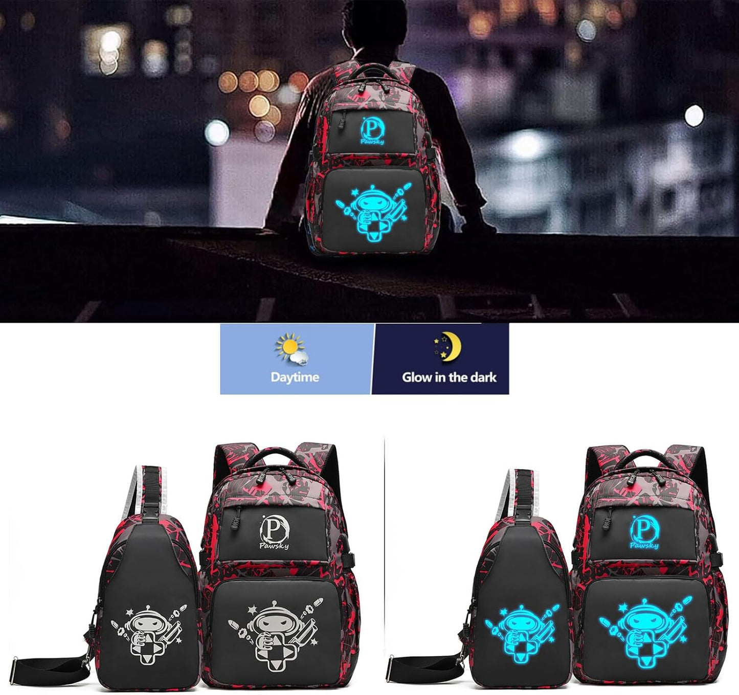 School Backpack with USB Charging Port for Teen Boys, Anime Luminous Backpack College School Bookbag Lightweight Laptop Bag with Sling Bag Set, Red