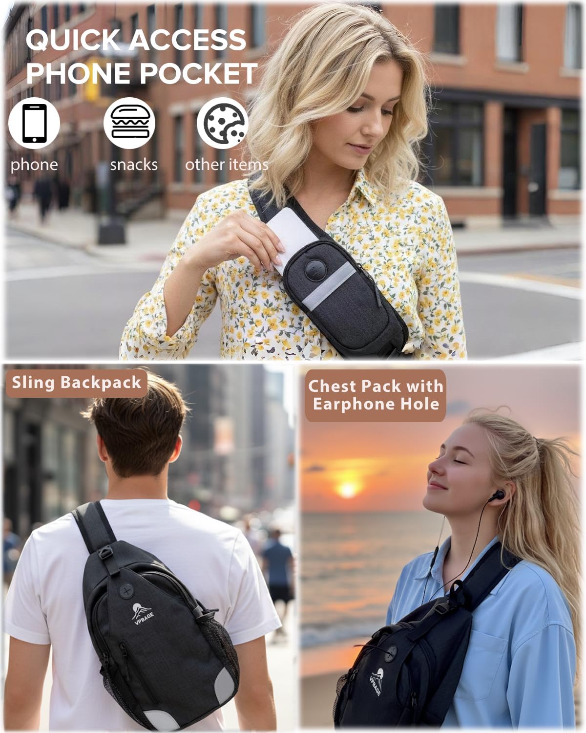 Sling Bag, Crossbody Bag for Men, Cross Body Hiking Backpack, Travel Daypack, Chest Pack with Chest Phone Holder