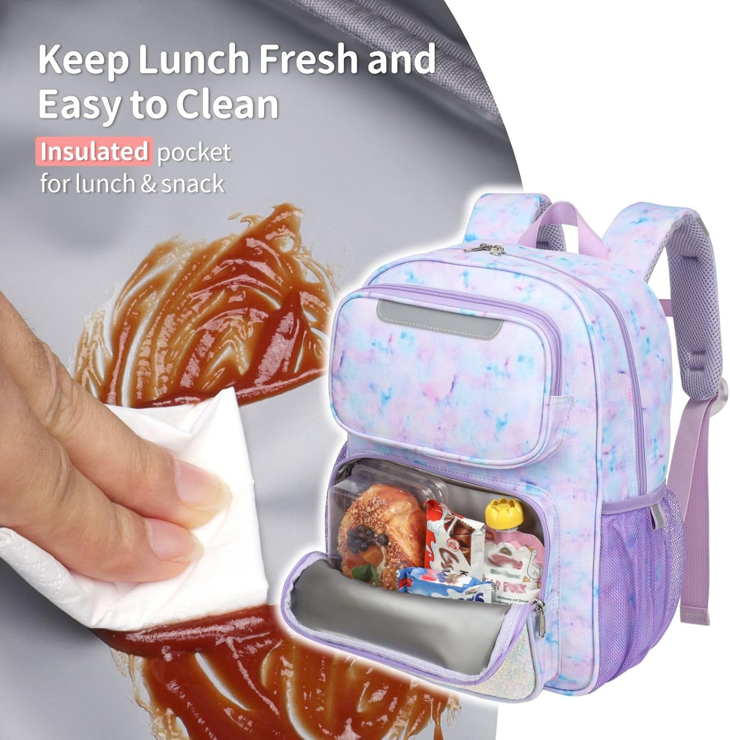 Kids Backpack for Girls - 15 Inch Backpack for Kids 3 to 8, Lightweight Bookbag for Preschool Kindergarten Elementary School, Insulated Pocket, Safe Reflective Stripe, Purple Tie-dye