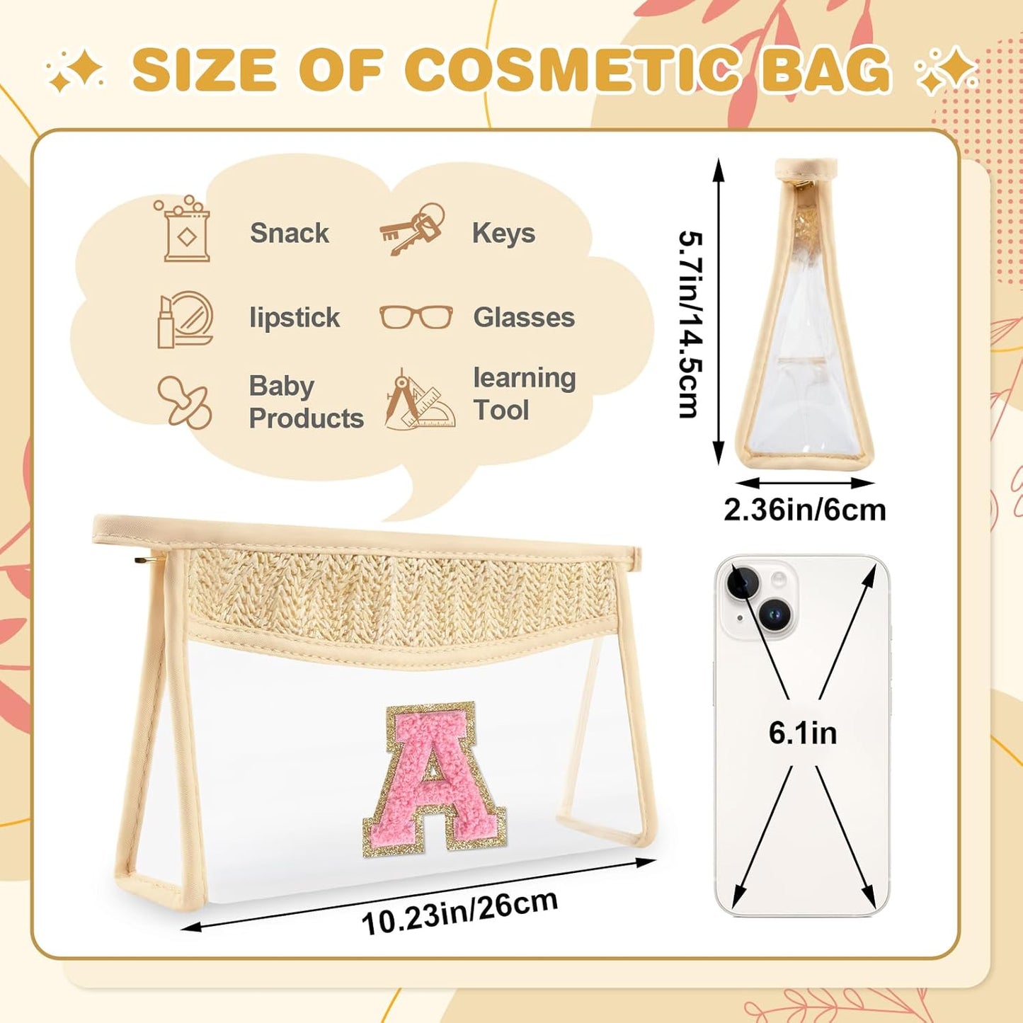 Small Boho Straw Initial Letter Makeup Bag Personalized Gift ,Cute Clear Chenille Patch Makeup Bag With Zipper,Trendy TSA Approved Travel Toiletry Bag,Gift for Women Girls Birthday Friend, Letter A