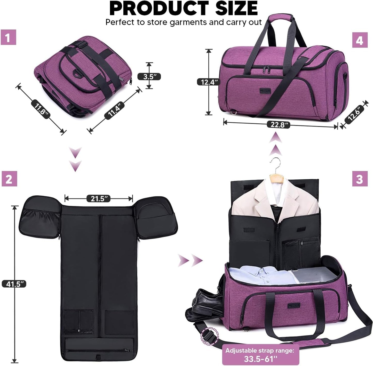Convertible Garment Bag with Shoulder Strap, 58L capacity Garment Duffle Bags for Travel 4 in 1 Foldable Carry on Garment Bags Suit Bag with Shoes Compartment Garment Bag for Men Women,Purple