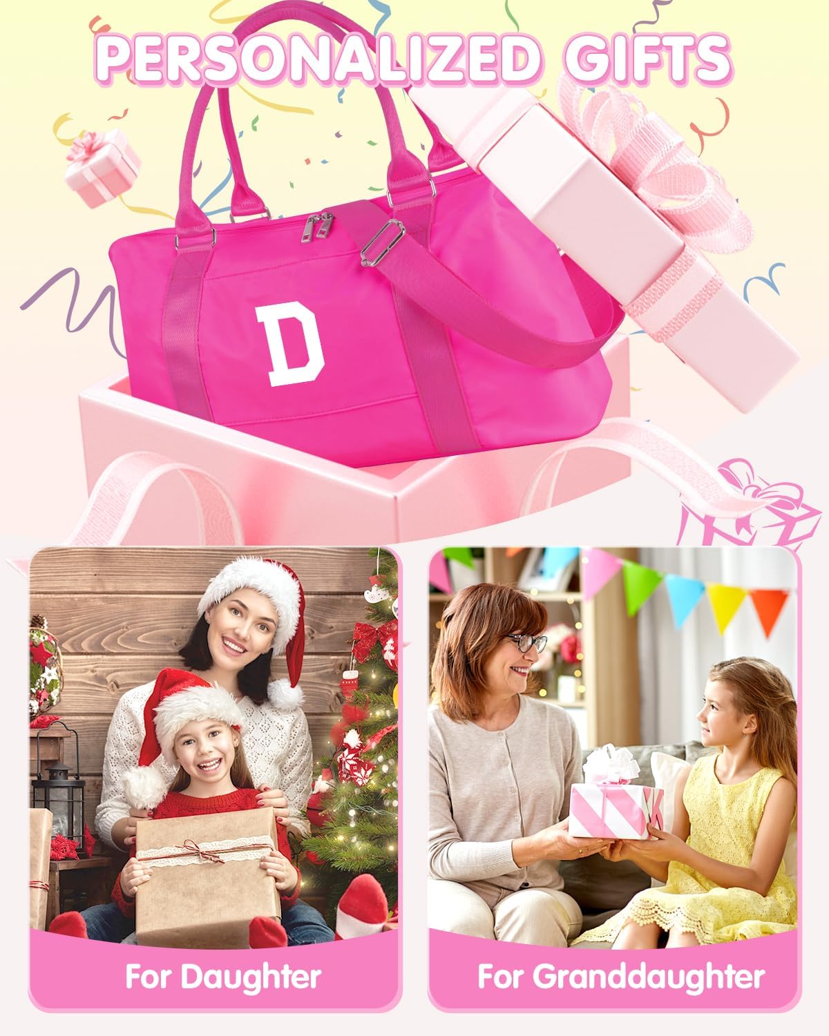 Overnight Bag for Kids Teen Girls Weekender Dance Bag Birthday Graduation Gifts,Initial Travel Duffel Bag Sports Gym Bag Personalized Weekender Bag Carry On Bags Preppy Gifts for Women(Hot Pink, D)