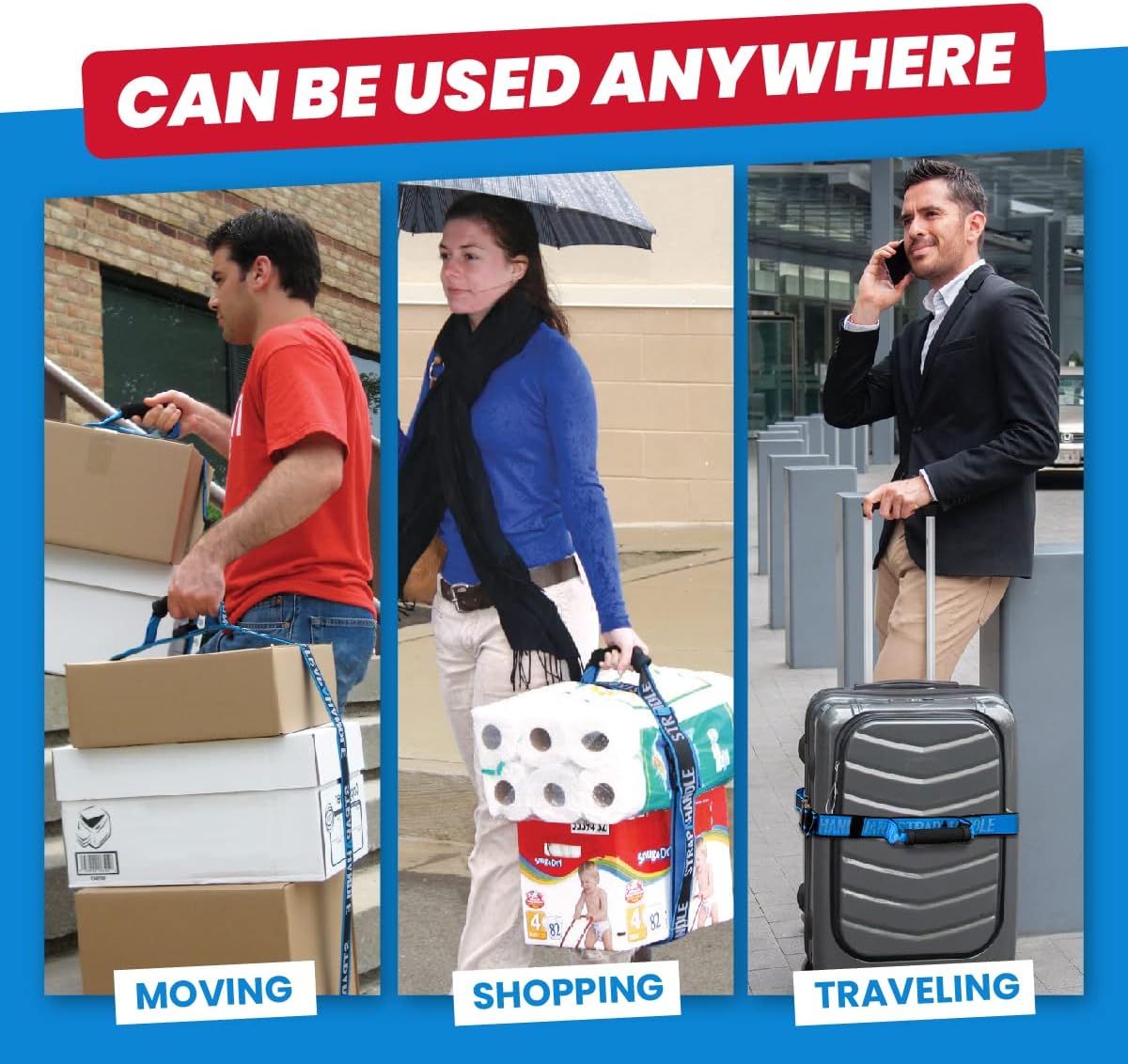 6' Carry Strap with Handle | 2-Pack | Adjustable Belt | Easy, Safe, Secure, Lifting, Moving, Carrying Heavy Boxes, Groceries | Best Luggage Strap (Strap-A-Handle 2 Pack - 6ft. Length, 40lb. Capacity)