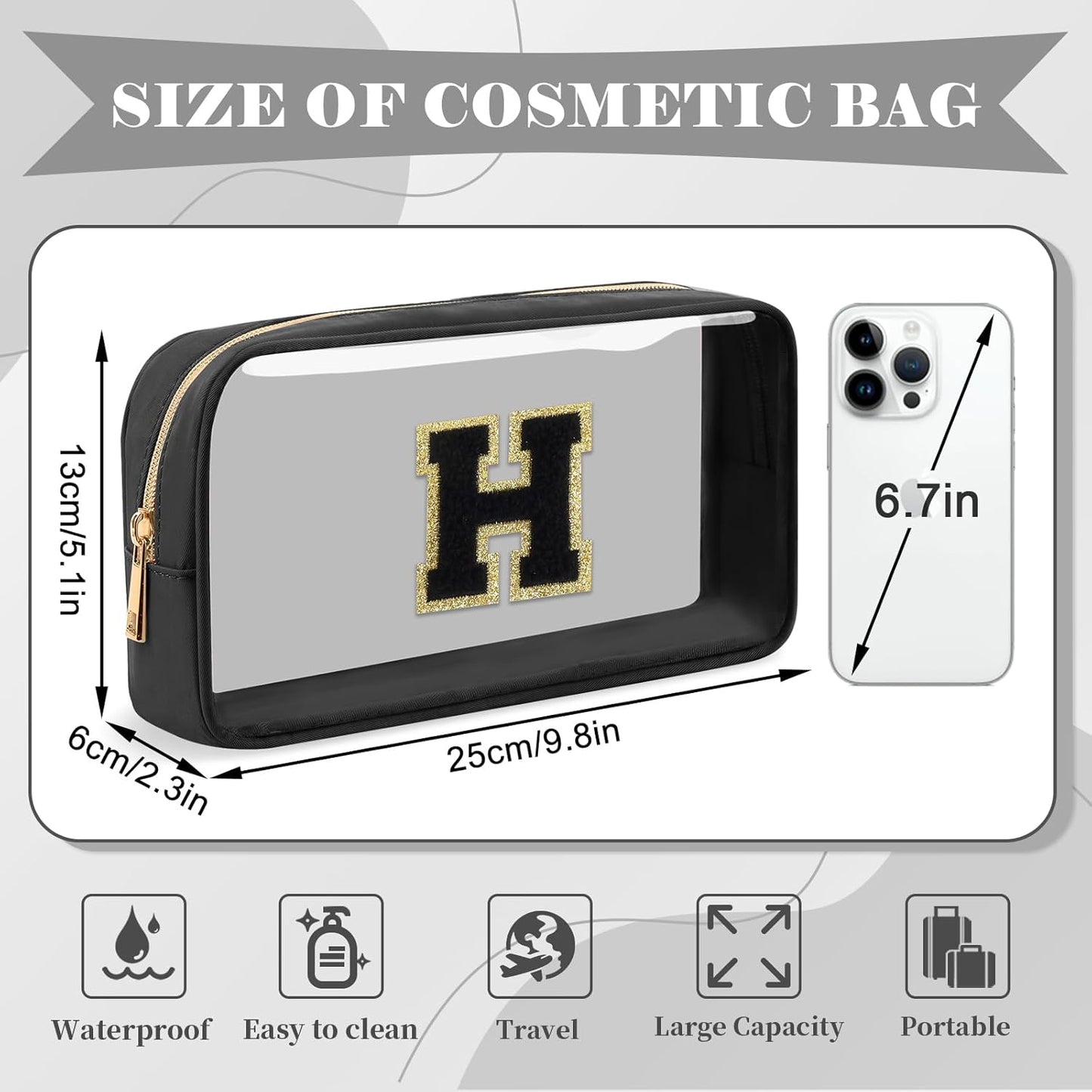 Personalized Initial Letter Clear Makeup Bag,Preppy Small Nylon&PVC Cosmetic Zipper Bag with Chenille Letter,Travel Skincare Toiletry Bag,Monogram Christmas Gift for Teen Girls Women,H